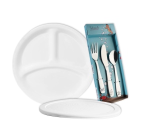 סט כלי אוכל לילדים: צלחת מחולקת, מכסה וסכו"ם